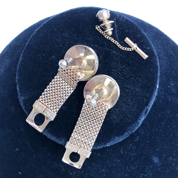 Vintage Gold Mesh Cufflinks Tie Tack Set Rivoli Rhinestones - Picture 11 of 12
